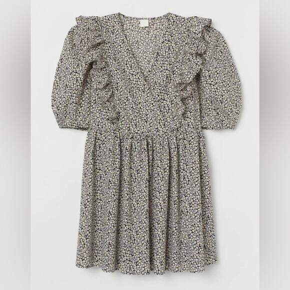 H&M | Floral Puff Sleeve Dress Ruffles black White Yellow Pink Cottagecore | XL - Picture 1 of 9